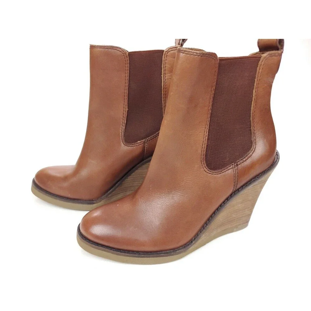 LUCKY BRAND 6.5 M Boots LK-Fedora Brown Leather Wedge Ankle Chelsea Booties